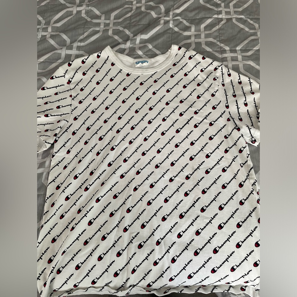 Champion Heritage T-Shirt White All Over Logo Print Medium M